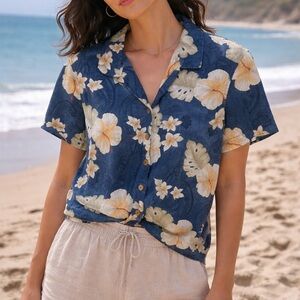 Caribbean Joe Navy Blue Floral Button-Down Shirt